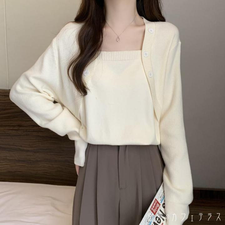 レディース トップス ニット スクエアネック 上品 シンプル キレイめ 重ね着風 体型カバー 大人かわいい 抜け感 長袖 ベージュ ブラック 黒 20代 30代 40代 通勤 通学 オフィス お出掛け 4,752円