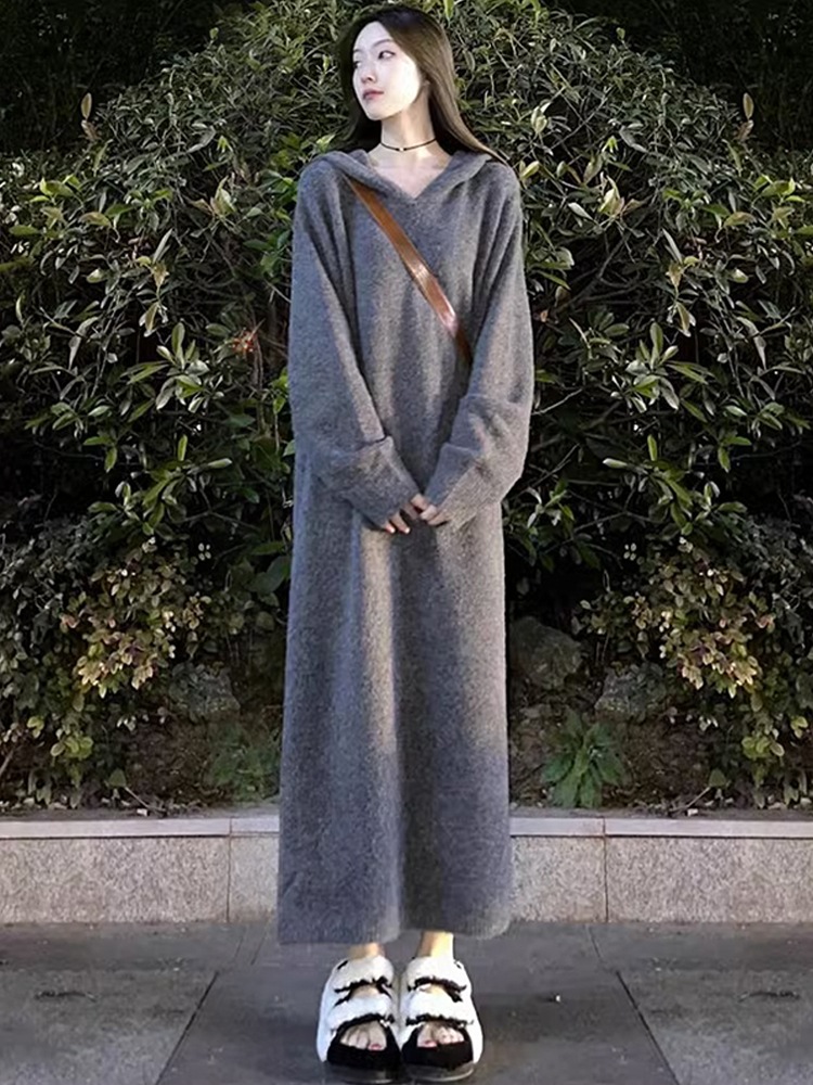 グレーフードニット長袖ワンピース子供2023新作初秋フレンチプレミアムロングドレス