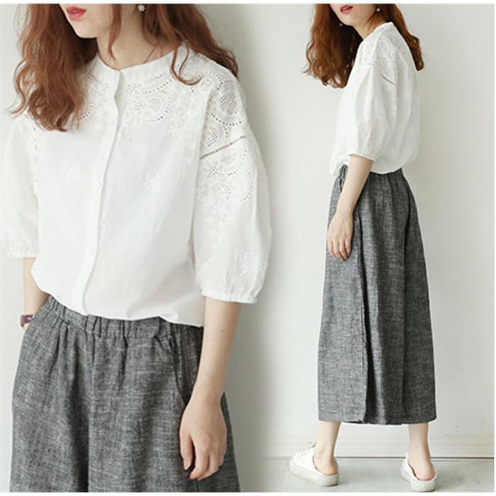 ブラウス レディース 5分袖 シャツ シャツブラウス バルーンスリーブトップス レース 春夏 前開き 透かし雕り シャツ 綿 コットン コーデ 花柄 刺繍 S M L XL 2XL オフホワイト
