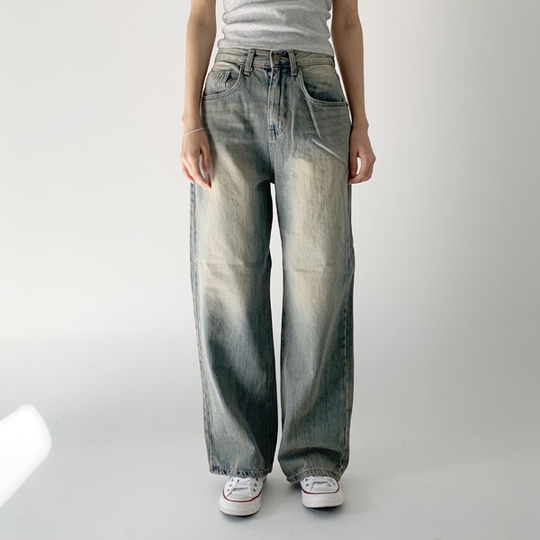 韓国ファッション ビンテージウォッシング ハーフハイ 中色ブルー ワイド デニム パンツ