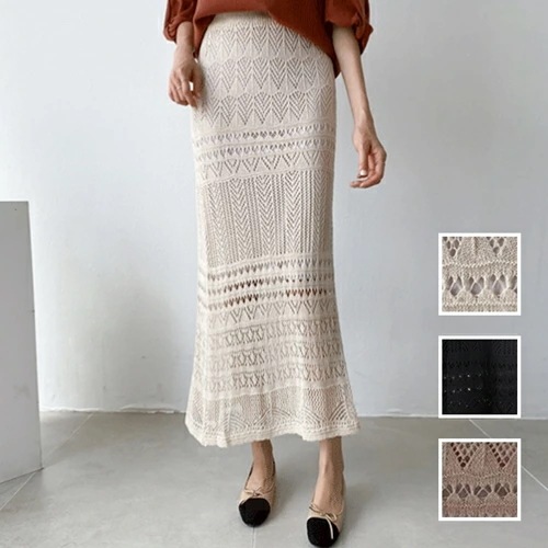 スカート ボトムス 韓国 ファッション レディース 春 夏 カジュアル コーデ シンプル 定番 セレカジ 20代 30代 40代 2025 透かし編み シアー ニット マキシ クロシェ風