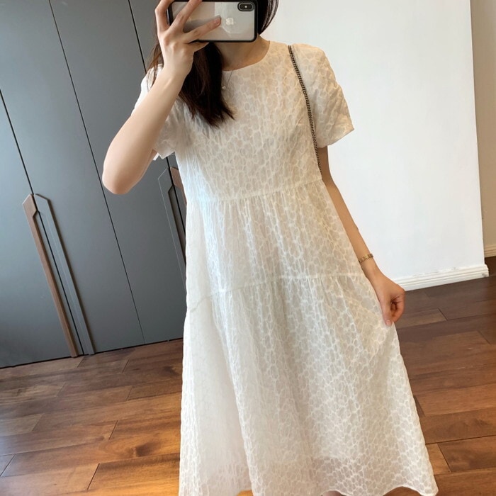 ワンピース ティアードワンピース フレア コットンワンピース コットン 綿 裏地付き 半袖 ロングワンピース ロング丈 ミモレ丈 ゆったり 体型カバー 着痩せ 細見え ふんわり フンワリ