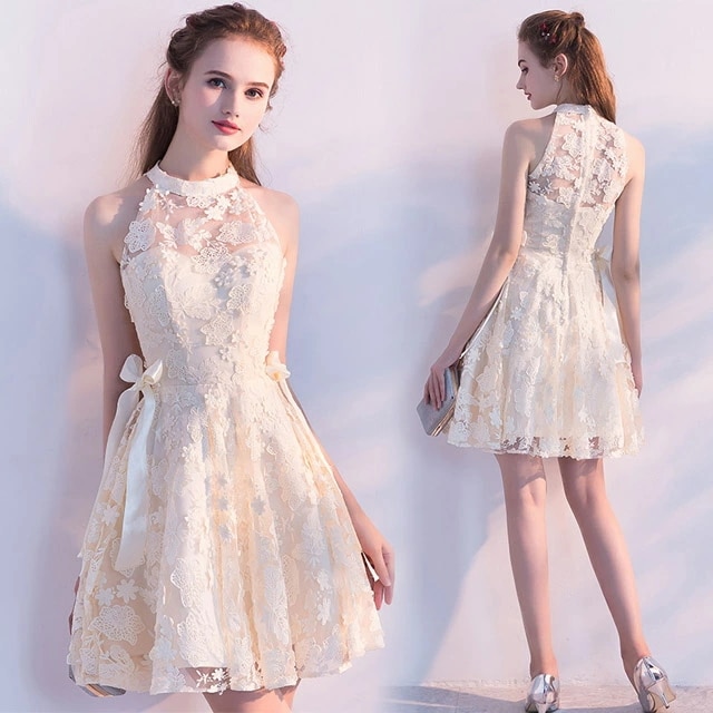 格安販売中パーティードレス ホルターネック ミニドレス シャンパン色 ノースリーブ 結婚式ドレス 20代 30代 ウエスト結び付き リボン 可愛いドレス 二次会ドレス お呼ばれ Aライン 成人式ドレス