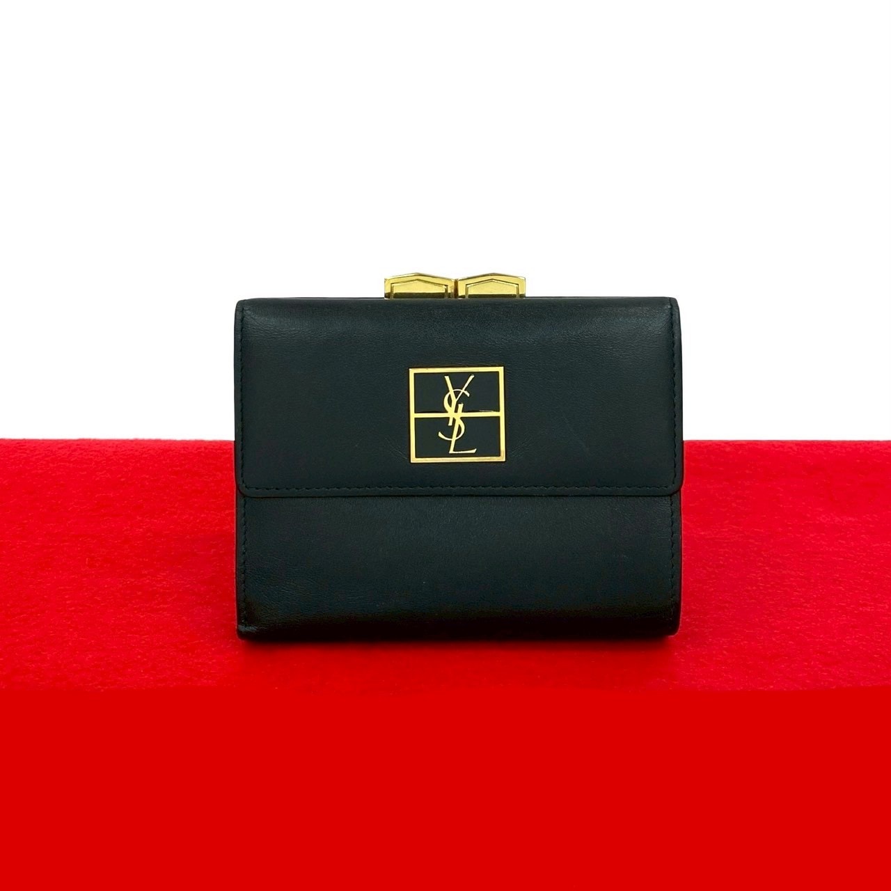 ヴィンテージ YSL ロゴ 金具 がま口二つ折り財布 レザー ブラック 41759