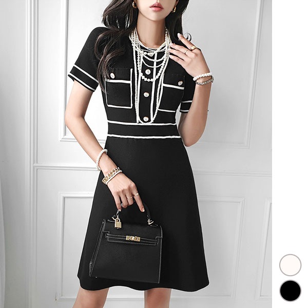 ワンピース レディース 半袖 ニット フレア ミニ ショート丈 配色 タイト きれいめ 上品 おしゃれ Aライン オフィス 春 夏 韓国 to24820