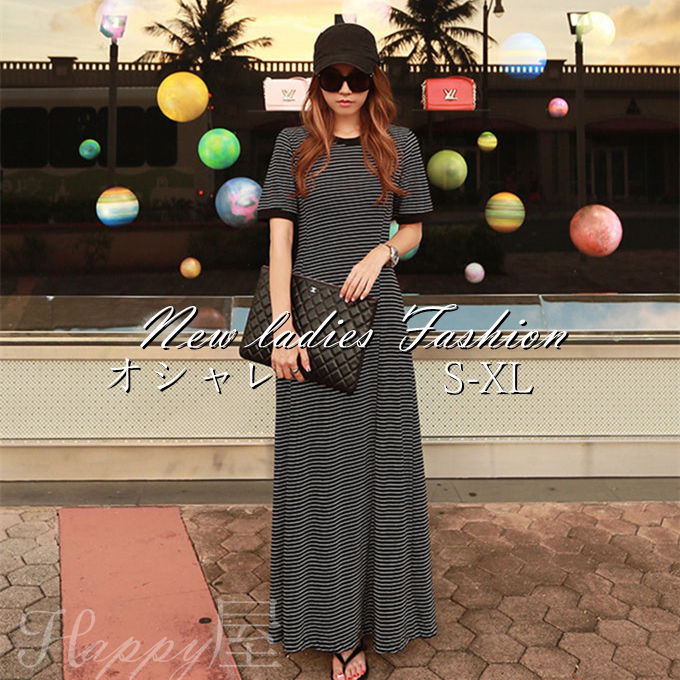 ワンピース レディース 半袖 丸首 ワンピ ロング丈 ボーダー柄 夏ワンピ 半袖ワンピ マキシ丈 ゆったり 大きいサイズ 着痩せ オシャレ 夏 新作 送料無料