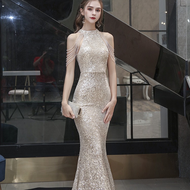 女性のためのイブニングドレススカート 2024 新しい宴会気質フィッシュテールライト高級ニッチホスト婚約パーティードレス