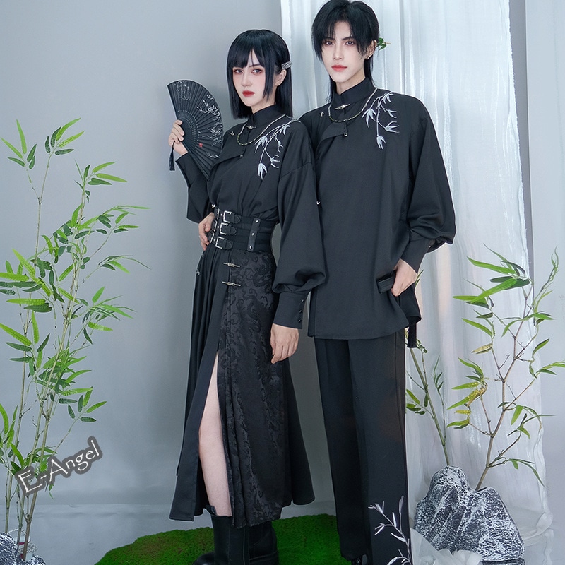 チャイナ風シャツ 長袖 竹影 刺繍 トップス メンズ ユニセックス スタンドカラー 改良漢服 レディース 黒 モダン 男女兼用