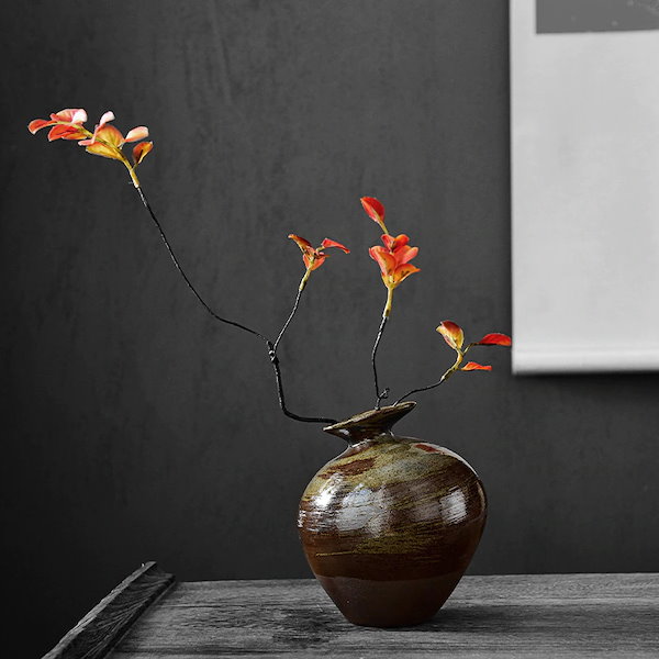 Qoo10] 和風石器黒陶器花瓶模造石抽象金釉植木鉢陶