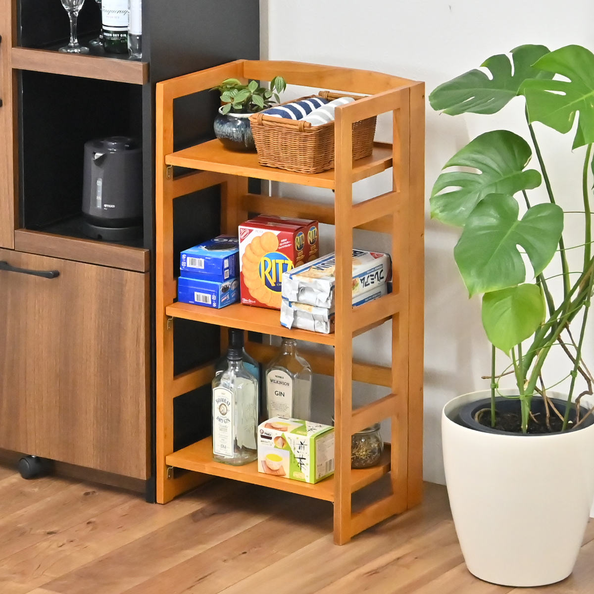 オープンラック 3段 天然木 折りたたみ式 幅44cm ラック シェルフ 折り畳み 収納 棚 木製 家具 完成品 キッチン 飾り棚 ディスプレイ 省スペース リビング