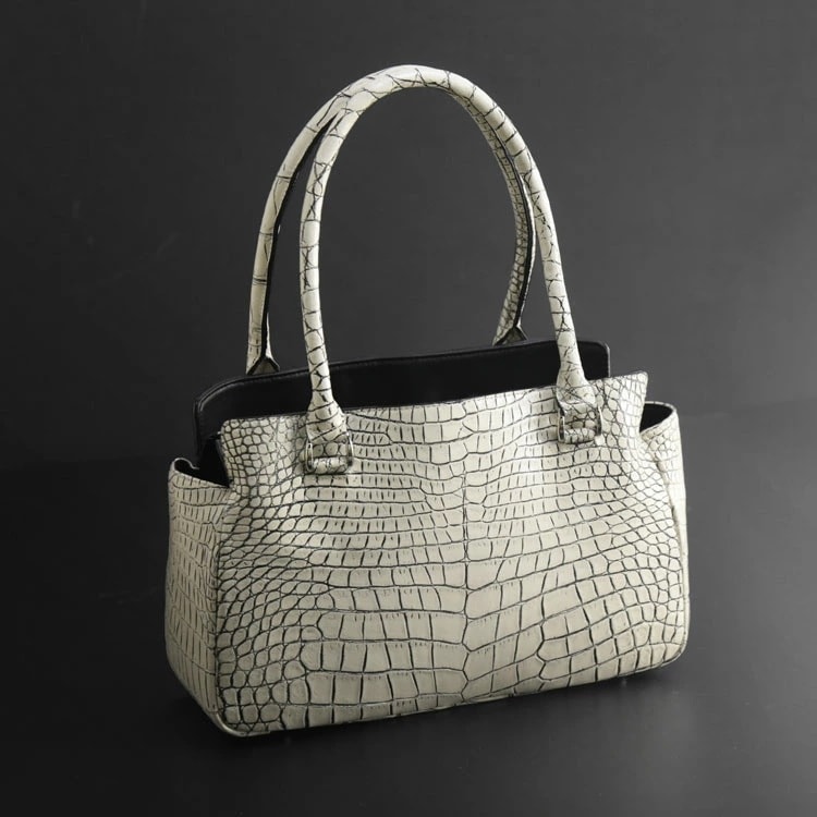 クロコダイルハンドバッグレディース日本製天ファスナーあおりポケット