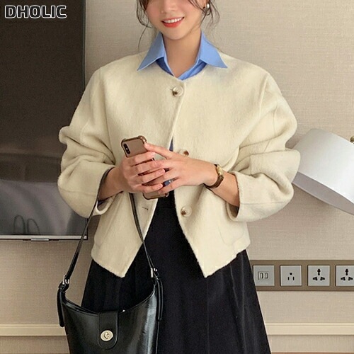 ウール混ボタンラウンドネックラインルーズ長袖アウトポケットハーフジャケット・1954184