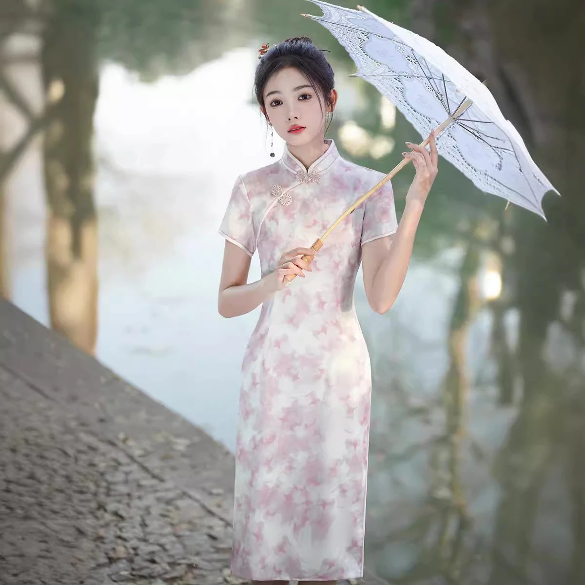2024春夏改良チャイナドレススリムフィットミディアムロングスタイルピンク気質ハイウエスト小ヤングスタイル
