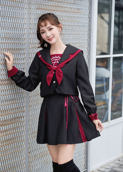 学生服 黒色 長袖 上下セット セーラー服　女子制服　JK制服　コスプレ 高校生 コスプレ可愛い レ