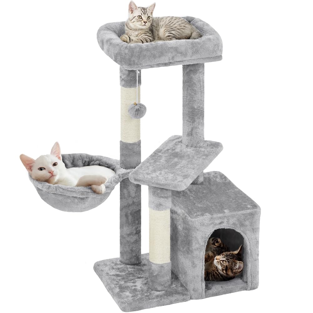 Yaheetech キャットタワー 猫タワー 小型 スリム 多頭飼い 猫ハウス キャットハウス 猫タワー 多機能 簡単組立 据え置き 転倒防止 取り外し可能 見おろし展望台 ハンモック 爪とぎポール