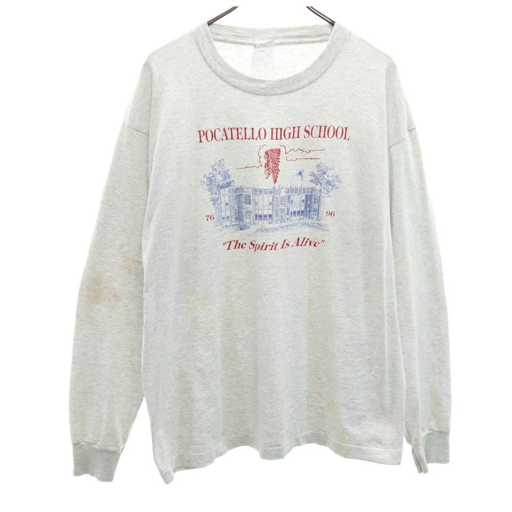 90s USA製 オールド プリント 長袖 シングルステッチ Tシャツ XL グレー系 ロンT メンズ