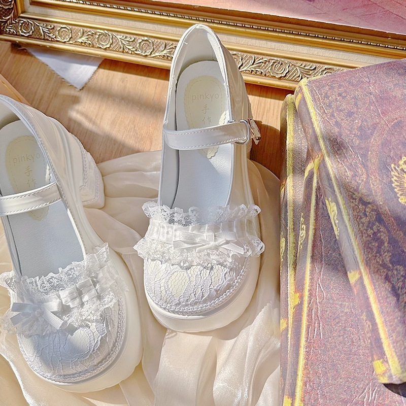 pinkyo オリジナル ホワイト レース リボン ハイヒール レディース 2024 春夏 プラットフォーム 厚底 メリージェーン シューズ