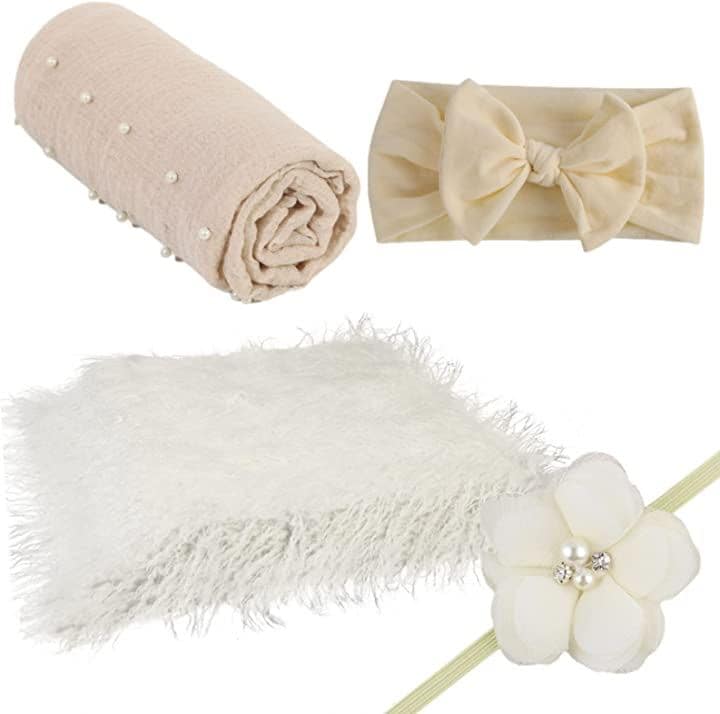 撮影用 ブランケット 赤ちゃん 新生児 写真 マット 毛布 ヘアバンド おくるみ ホワイト 4点(ホワイト 4点)