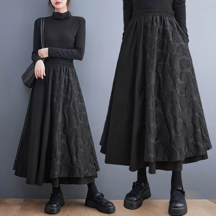 ボトムス スカート ミモレ丈スカートフレアスカート 切り替えデザイン ウエストゴム かわいい