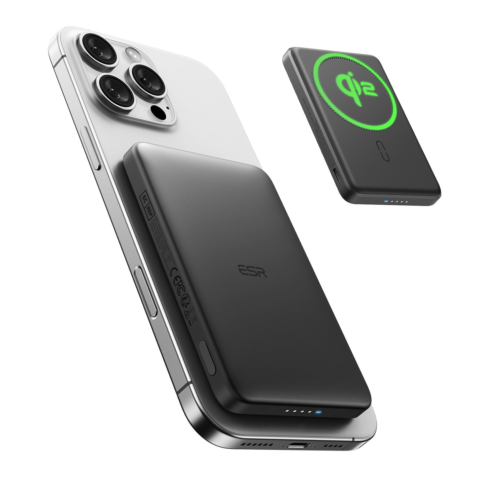 ESR Qi2認証 MagSafe対応 モバイルバッテリー 5,000mAh 15W急速充電ポータブル充電器 0.55インチ超小型モバイルバッテリー i Phone 16/15/14/13/12専用