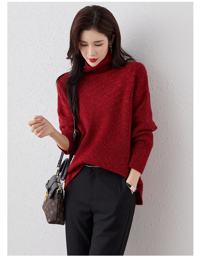 冬 エレガント カジュアル ビッグ ハイネック 長袖 セーター ルーズ プルオーバーニットトップ 女性 ブルー ブラウン レッド アプリコット M L XL XXL トップス 袖あり かわいい 8,034円