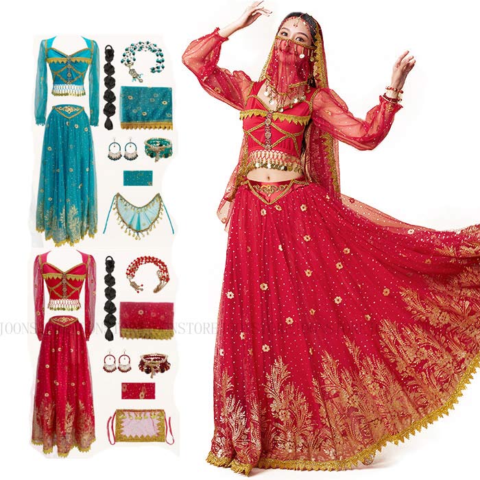 スカート 長袖セット ジャスミン風 セット ベリーダンス衣装 アラビアン アラビアン ハロウィン ベール ステージ ベリーダンス アラビアン仮装 全身コスチューム ハロウィン ワインレッド 衣装セット