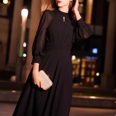 レディース ドレス イブニングドレス パーティードレス パーティー 結婚式 二次会 披露宴 ロング マキシ 長袖 ボリューム ランタンスリーブ スリム 細身 ウエストマーク ファスナー 透け感 11,835円