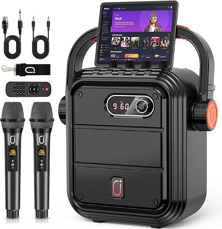 ワイヤレスマイク スピーカーセット 拡声器 Bluetooth 5.0対応 低音強化機能搭載 充電式 ポータブル (ブラック)