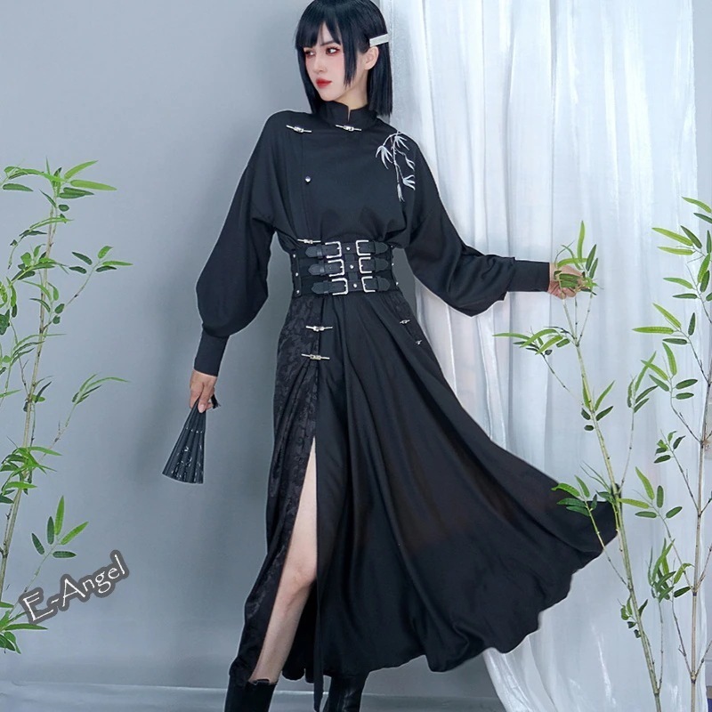 チャイナ風スカート ロング 黒 龍紋 スリットスカート 切り替え ベルト付きスカート 暗黒風 セクシー 金属一字ボタン