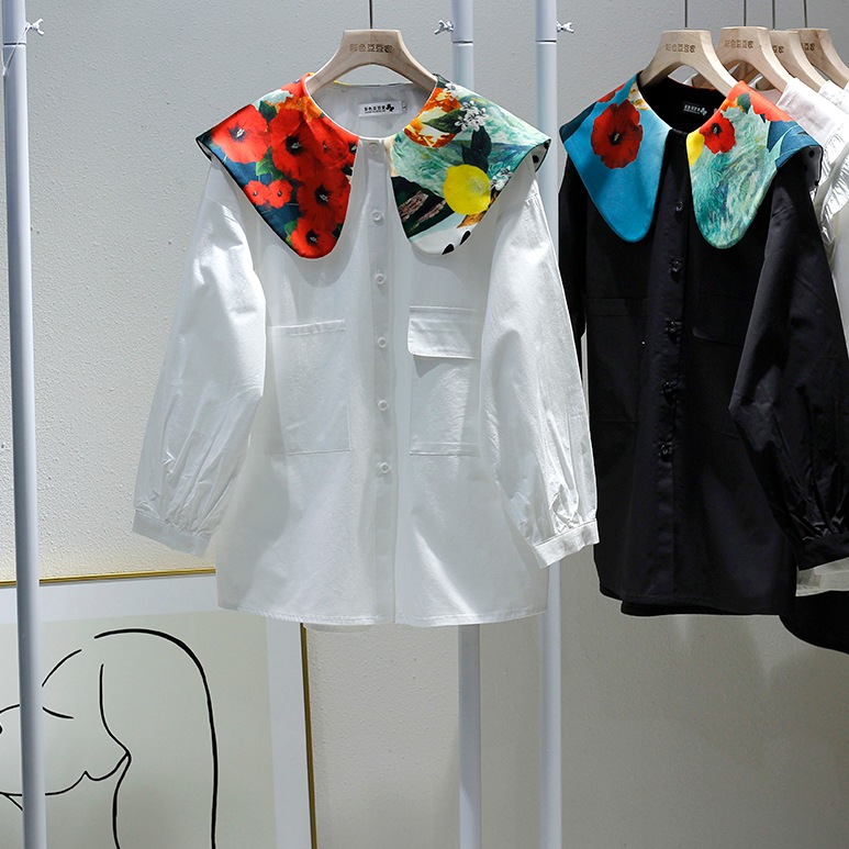 花柄カラーシャツ 長袖 ブラウス シャツ ホワイト ブラック レディース トップス オルチャン 通学 通勤 ママコーデ オフィスコーデ 可愛い ２カラー D34