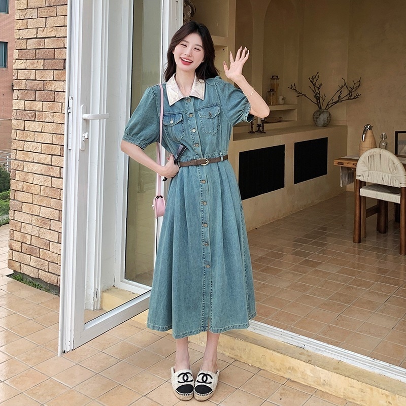 スプライシングシャツ襟薄いセクションデニムドレス新しい古典的な色の衝突ラペルベルトデニムの実際の韓国語版 4,902円
