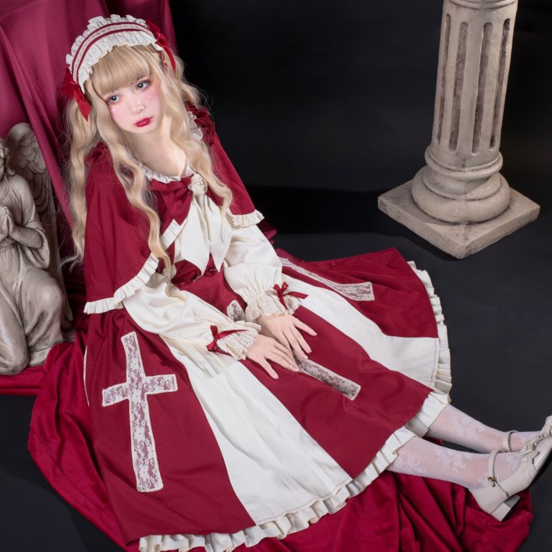 オープニングセール ワンピース ゴシックロリータ 秋冬 マント 黒 赤 ２色 双子コーデ レトロ 長袖 エレガント 十字架 クラシック ゴスロリ セット その他 サイズ M Www Pulse Orange Cm