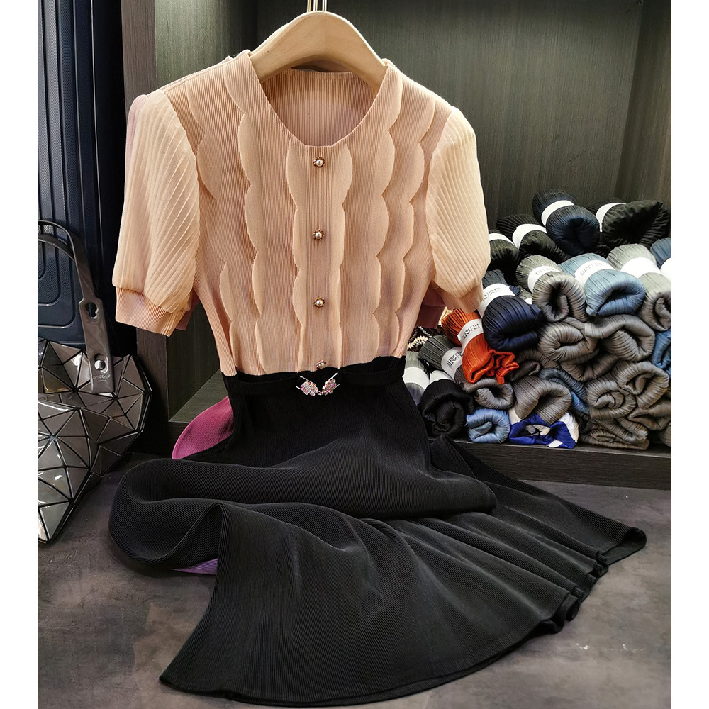 高級丸首半袖偽2枚のしわワンピース気質が腰を収めて痩せているロングスカート夏