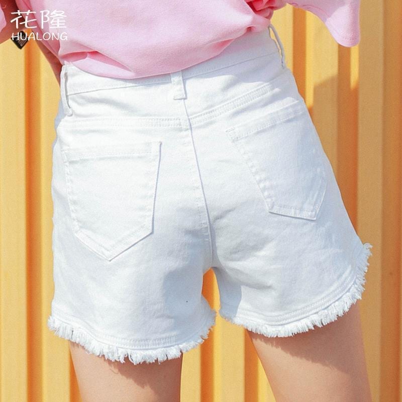 女性用夏の薄いハイウエストホワイトデニムショートパンツ黒の伸縮性のあるインスリミングaラインウェアブラックショートパンツ