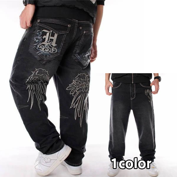 【SNS大人気】刺繍 極太 デニム ジーンズ パンツ ワイド メンズ ルーズフィット B系 レディース ヒップホップ ストリート 英字 ロゴ HIPHOP ダンス衣装 柄 極太バギー