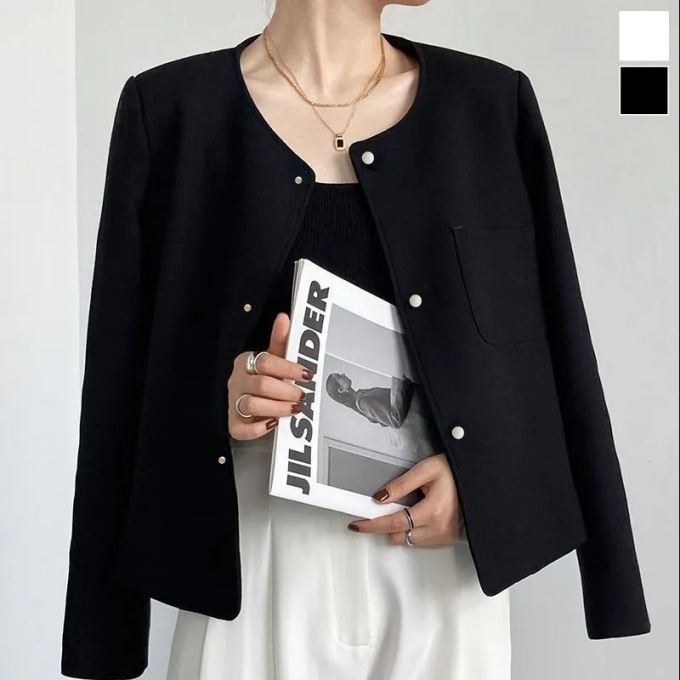 ノーカラージャケット レディース ノーカラー クラシカル シック きれいめ 白 黒 入学式 卒業式 M L LL エレガント フォーマル 長袖 上品 OL 春 無地 20代 30代 40代 50代 マ