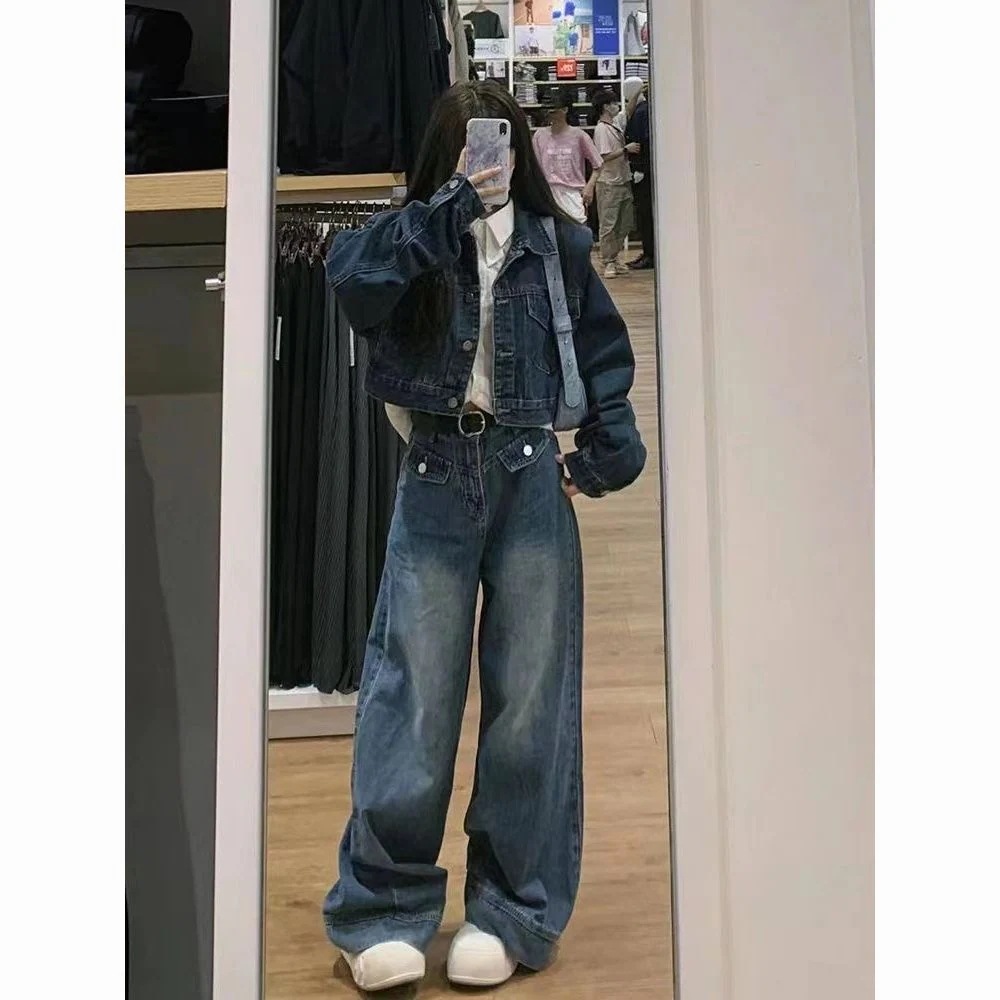 韓国 ファション デニム シンプル レトロ スウェット上下セットデニムコート 2点セット セットアップ レディース30%までに制限