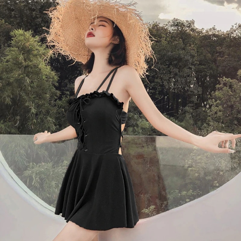 ワンピース水着 水着 ワンピース水着 ワンピース 二の腕カバー フリル レースアップ バックシャン バックコンシャス ハイウエスト かわいい 大人可愛い きれいめ セクシー sexy シンプル