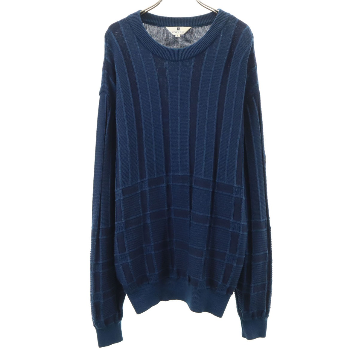 90s 日本製 オールド 総柄 ゴルフ 長袖 セーター L ネイビー ニット メンズ 古着