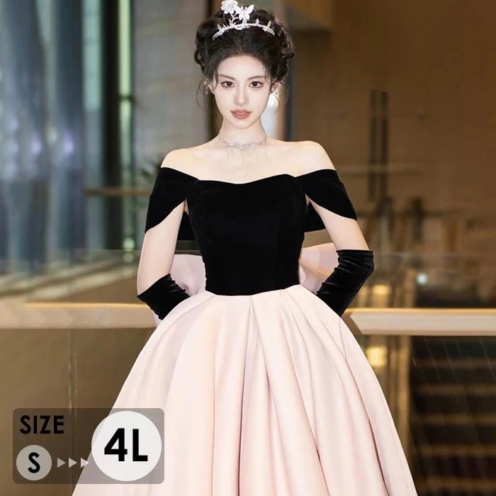 ドレス 大人 袖付き ワンピース リボン付き ピアノ 発表会 ロングドレス オフショルダー