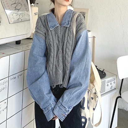 重ね着風 異素材MIX グレー オフホワイト 韓国流行 灰色 白 デニム ゆる だぼ トップス