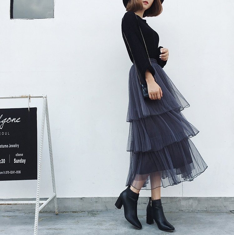 3349.チュールロングフレアスカート（ダークグレー）2019春夏 sale ボトムス フリル 美ライン おしゃれ カジュアル 大人ガーリー ハイウェスト きれいめ スカート お出かけ お呼ばれ 女子 100,000円