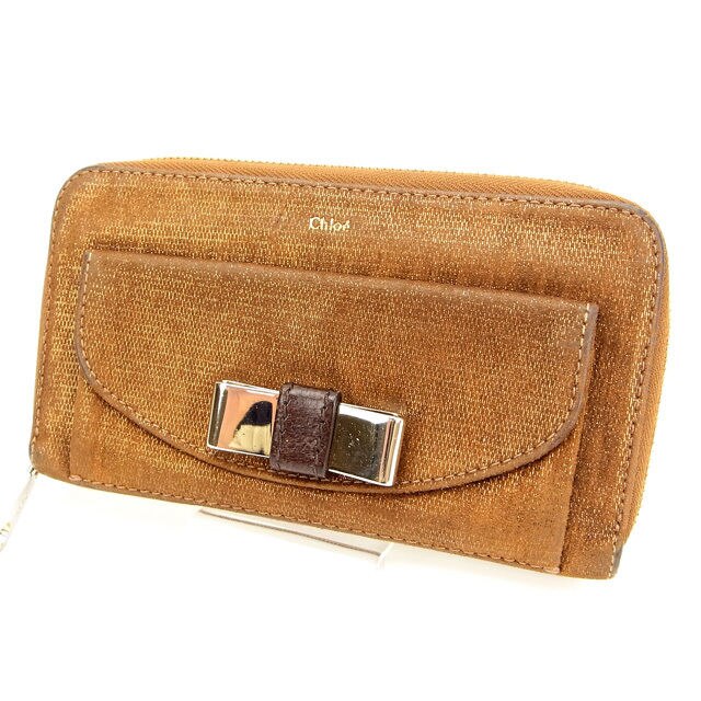 長財布 /ラウンドファスナー /リボンモチーフ付き ライトブラウン ゴールド 中古