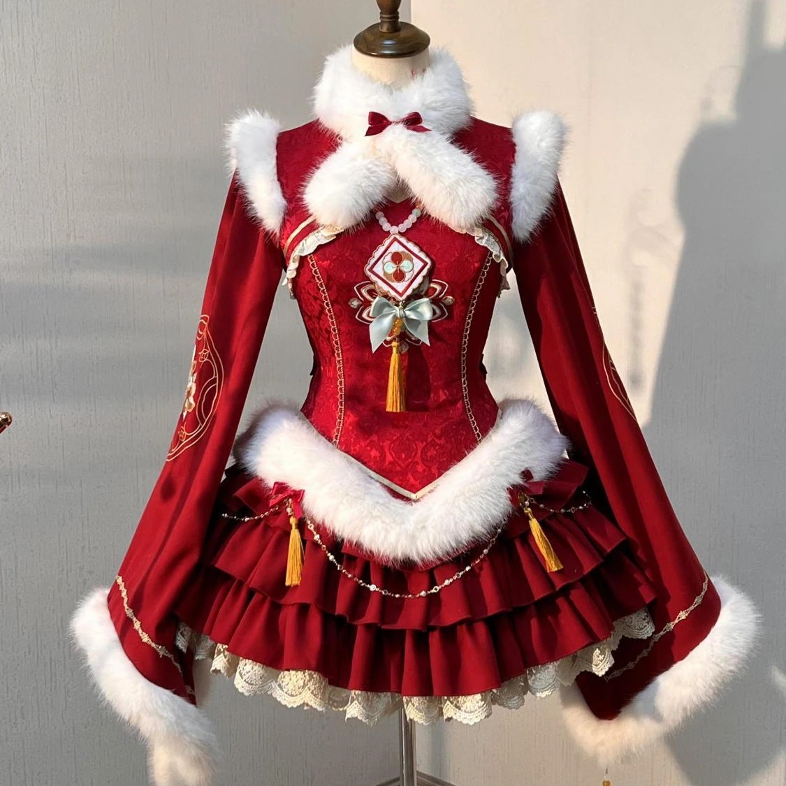 クリスマスコスチューム 新中式 レトロ キュート 改良チャイナドレス 新戦袍 ロリータ 長袖 ウエストマーク ケーキスカート フレアワンピース 冬