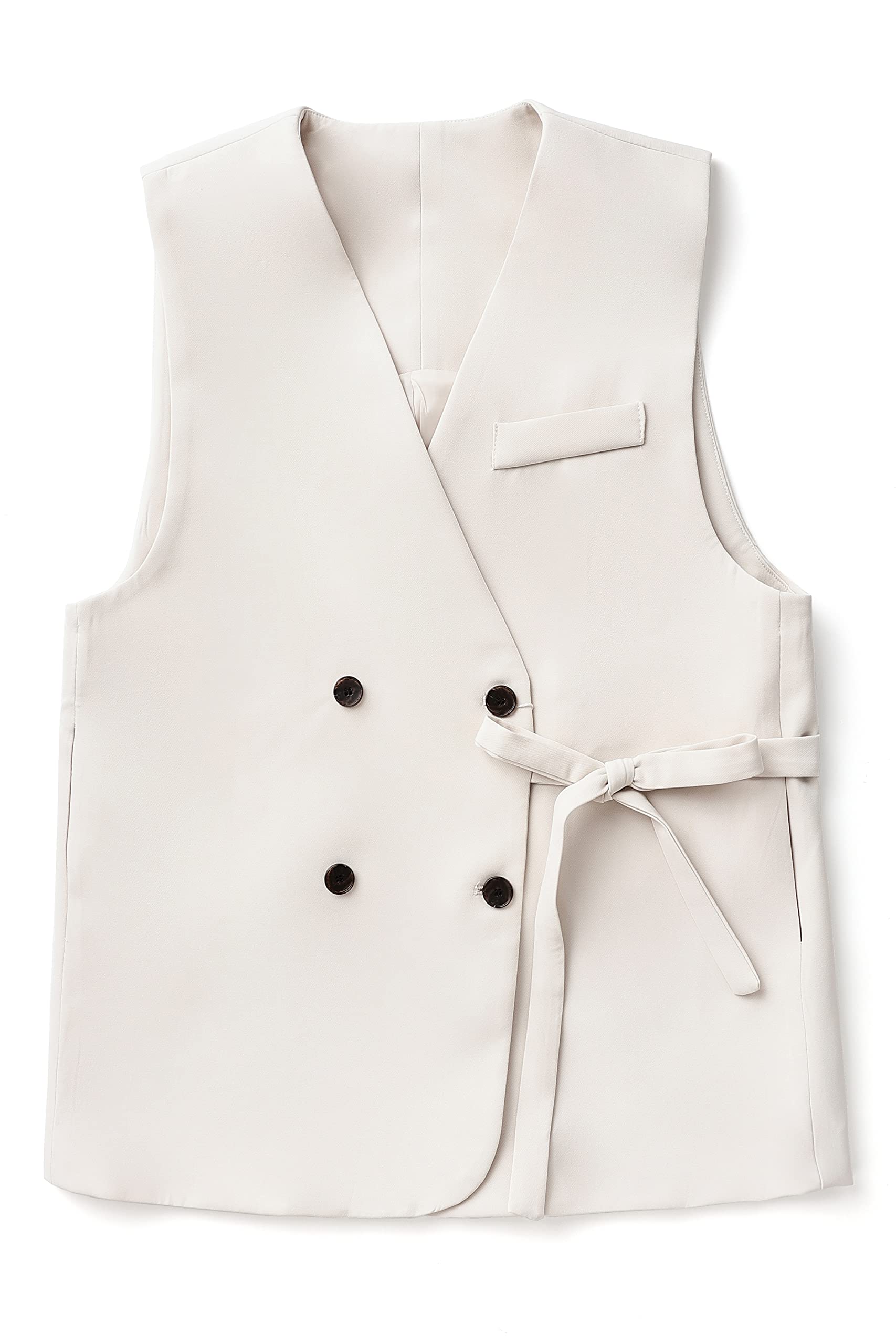 袖なしトップス ノーカラー ノースリーブ サイドポケット ミドル丈 無地 ダブルブレストジレ 薄手 春夏秋 通勤