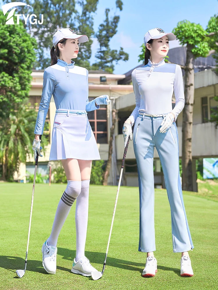 レディース ゴルフ用 長袖 ゴルフウェア 紫外線カット 速乾性 Tシャツ 木耳边デザインのハイネック 白 ブルー スポーツ トップス