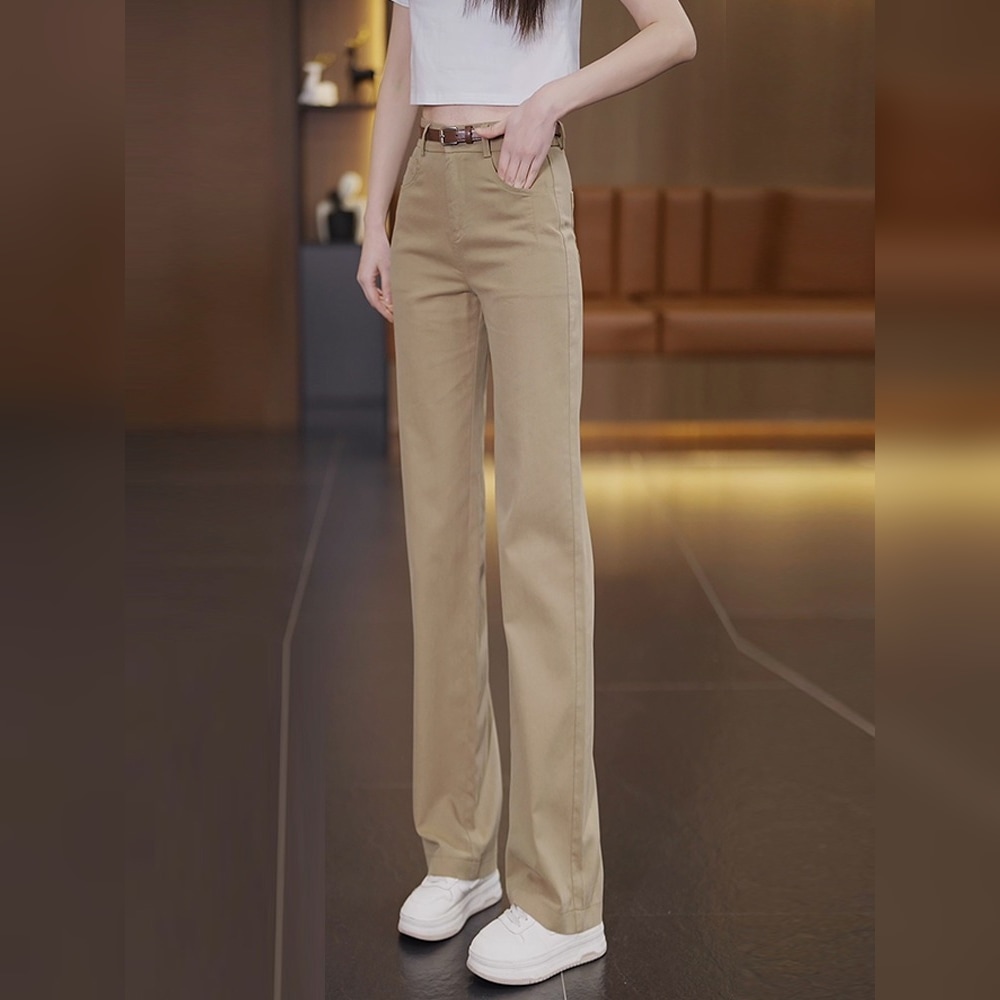 レディース パンツ ボトムス ストレートパンツ 丈長 フルレングス スリム 細身 ストレート ベルト ファスナー ポケット ハイウエスト きれいめ シンプル カジュアル 上品 おしゃれ かっこいい