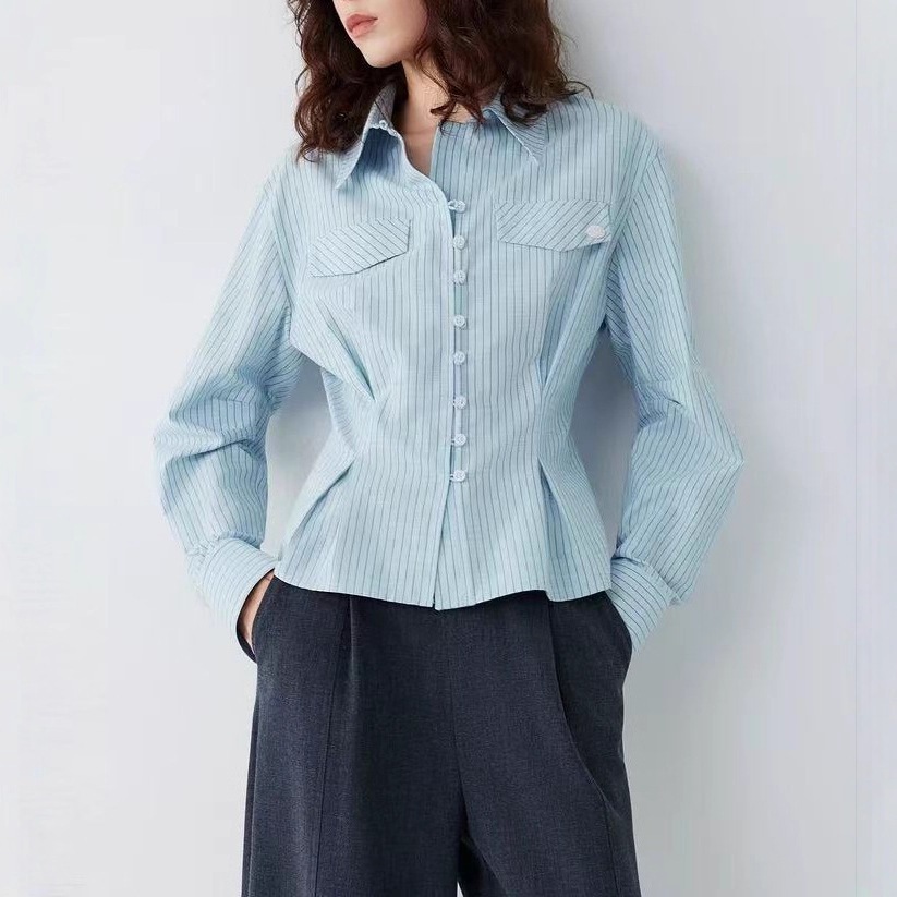 【送.料.無.料.急速発送】ストライプのリラックス感ウエストシャツ2025秋のゆったり高級感通勤シャツ