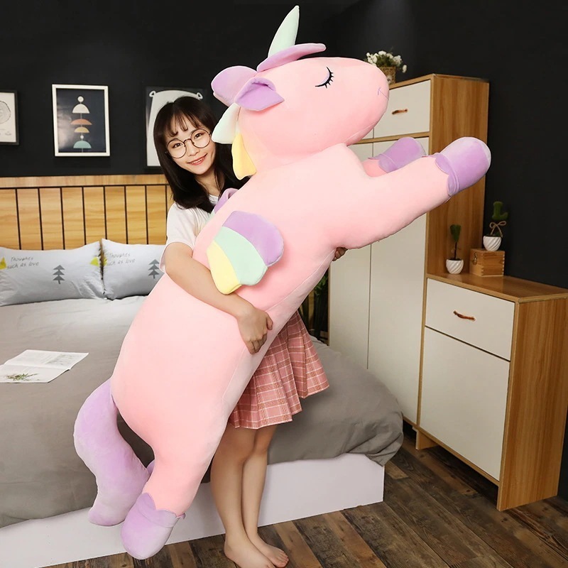 柔らかくてかわいいユニコーンぬいぐるみ女の子寝ている長い枕人形カラフルな馬の人形ギフト