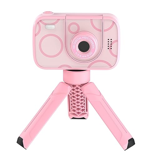 キッズカメラ 三脚付き トイカメラ 180反転レンズ 4000万画素 IPS液晶画面 HD 録画 自撮り 8倍ズーム タイマー撮影 ゲーム USB充電 32GB SDカード付き (ピンク)